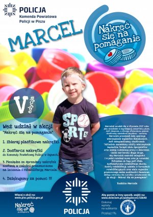 plakat promujący akcję zbierania plastikowych nakrętek na rzecz Marcela z Pisza