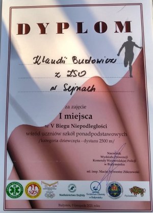 dyplom za zajęcie I miejsca dla Klaudii Budowicz